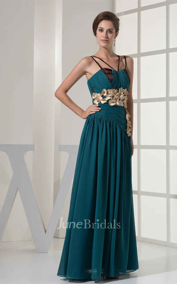 Spaghetti-Straps Pleated Long Dress with Floral Waist