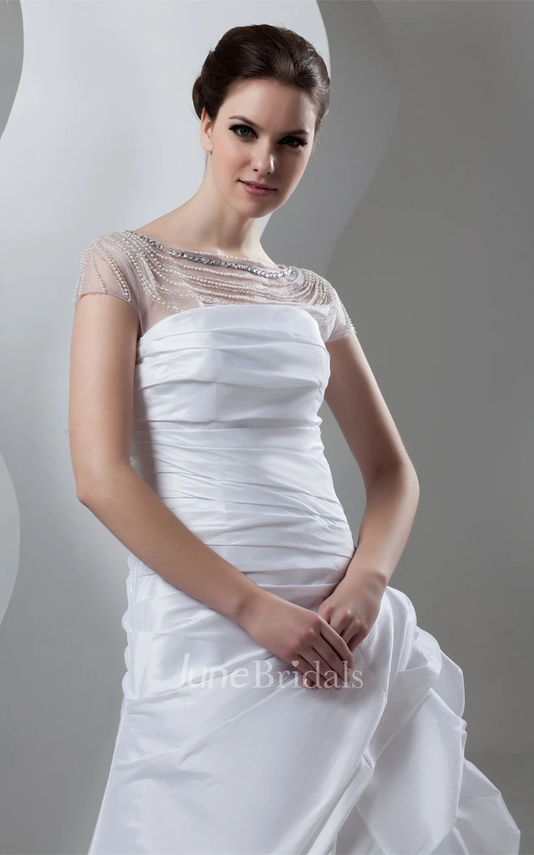 Caped-Sleeve Pick-Up A-Line Gown with Ruching and Illusion Neckline