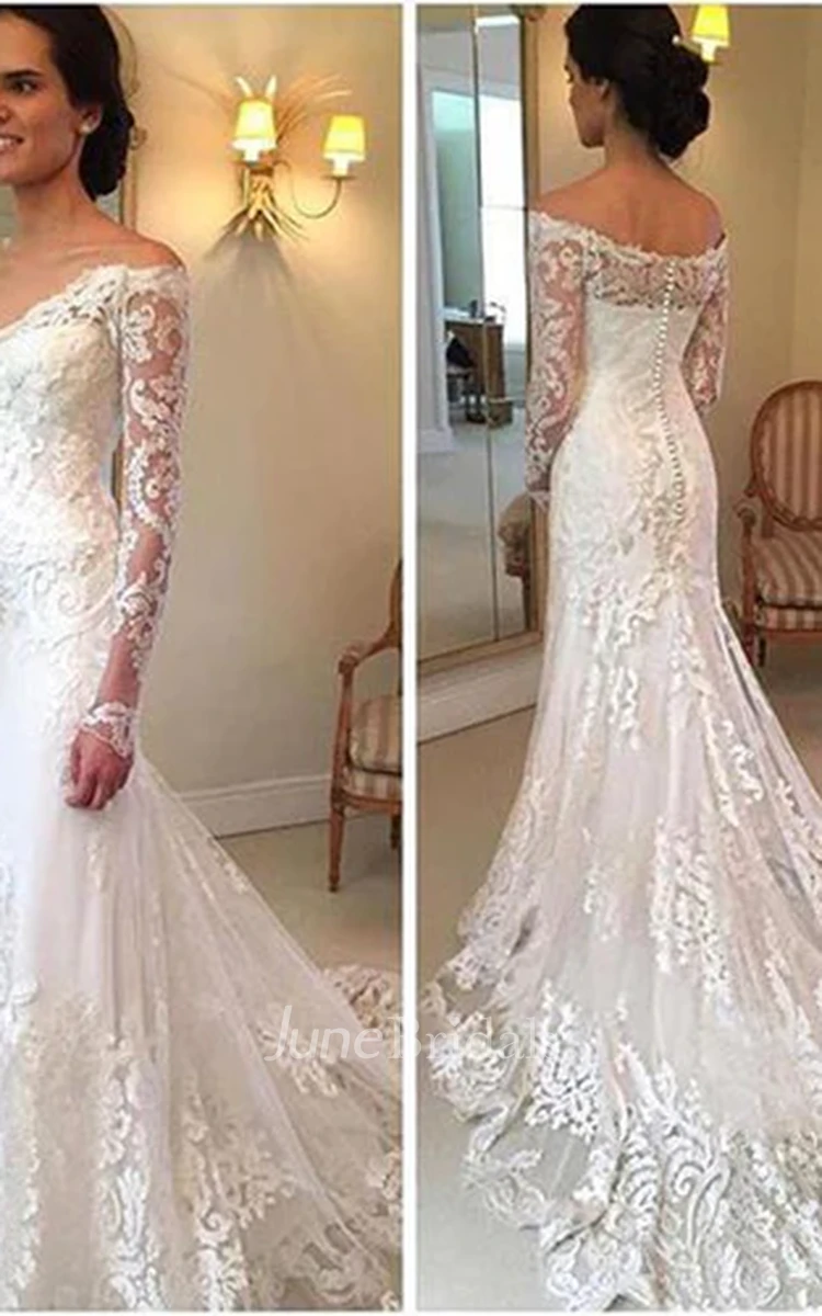 Gorgeous Mermaid Off-The-Shoulder Lace Trumpet Boho Wedding Dress Glamorous Long Sleeves Court Train Gown