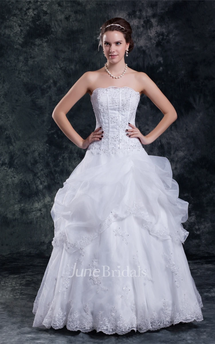 strapless a-line lace gown with beading and ruffles