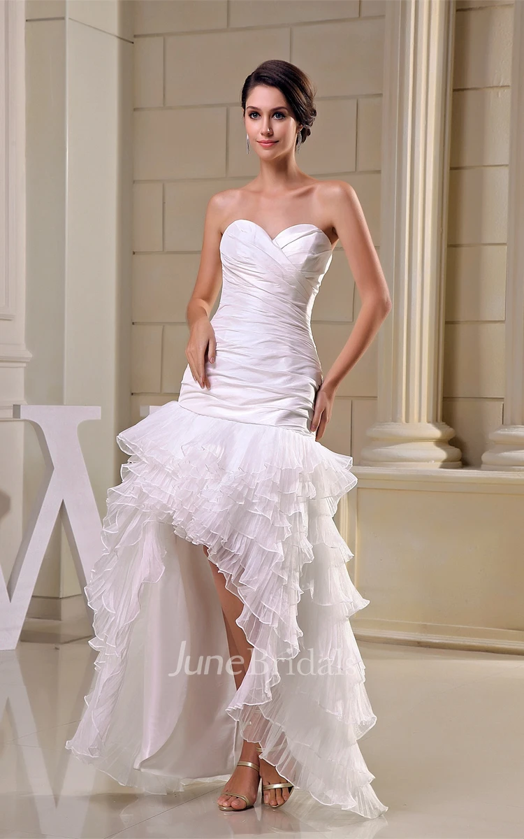 Criss-Cross High-Low Sweetheart Dress with Ruching and Tiers