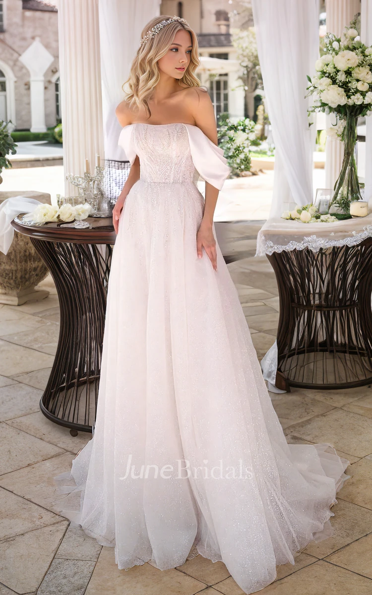 Shiny Glitter Boho Off-the-Shoulder Strapless Sweetheart A-Line Wedding Dress Exquisite Delicate Lace Tulle Sweep Train Bridal Gown