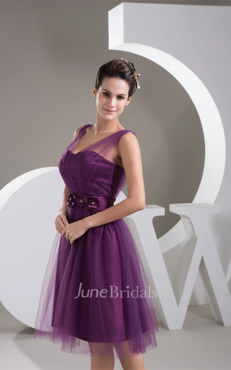 Strapped Tulle Knee-Length Dress with Floral Waist