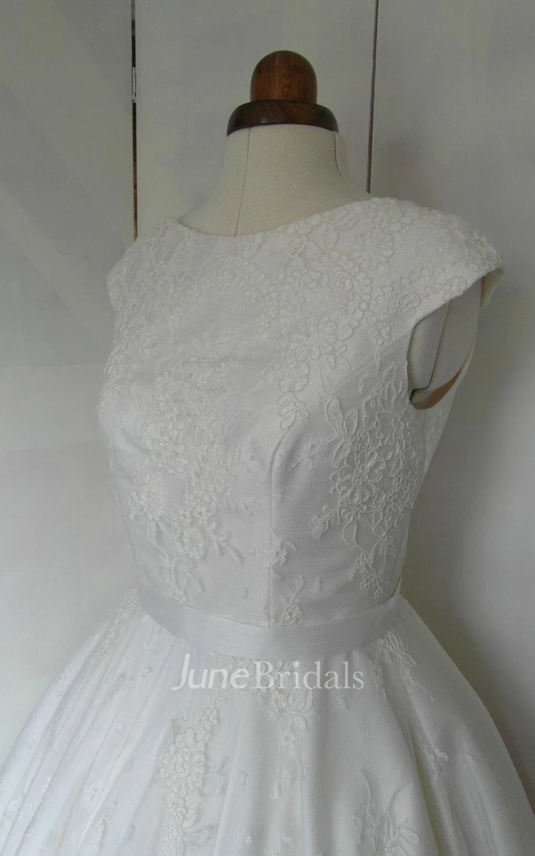 Cap Sleeve Jewel Neck A-Line Pleated Rose Lace Tea Length Wedding Dress