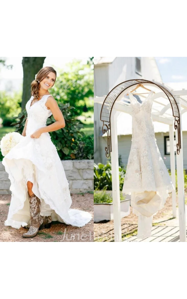 Country Style V Neck Cap Sleeves Boho Layers Sheer Sexy Bridal Gown