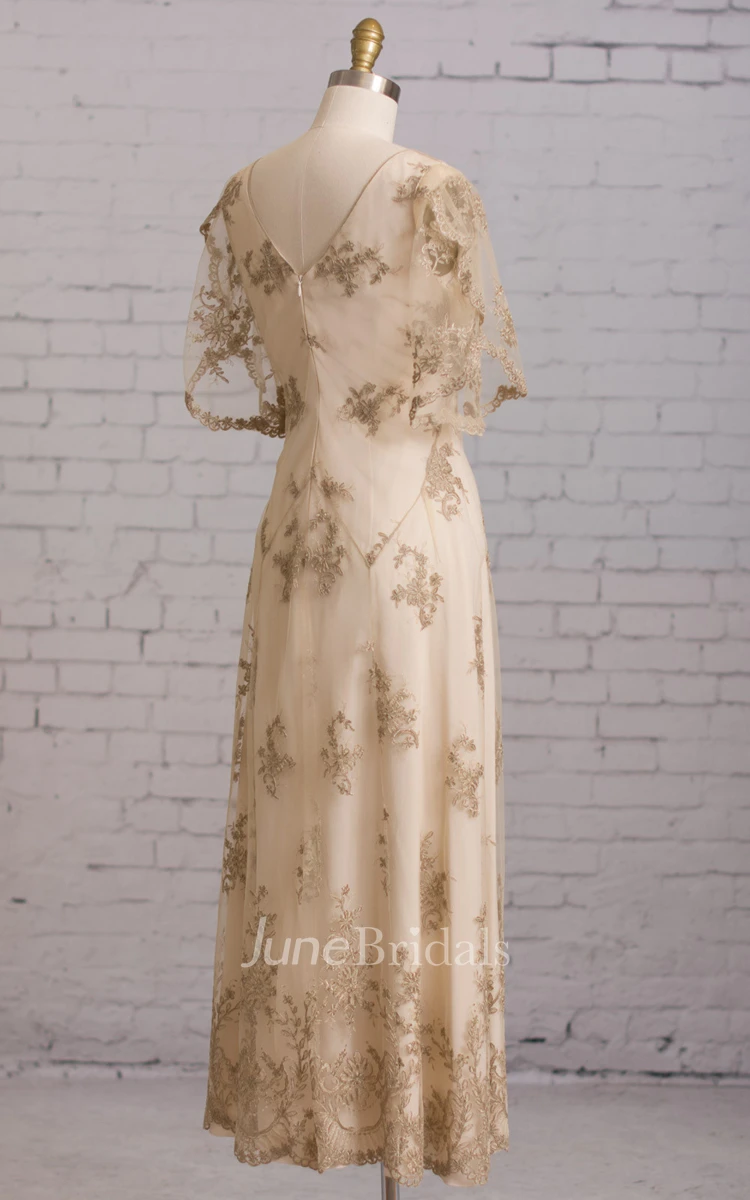 Sheath V-Neck Empire Waist Embroidery Dress With Illusion Butterfly Sleeves V-back Goldline Embroidery Brush Train Dress