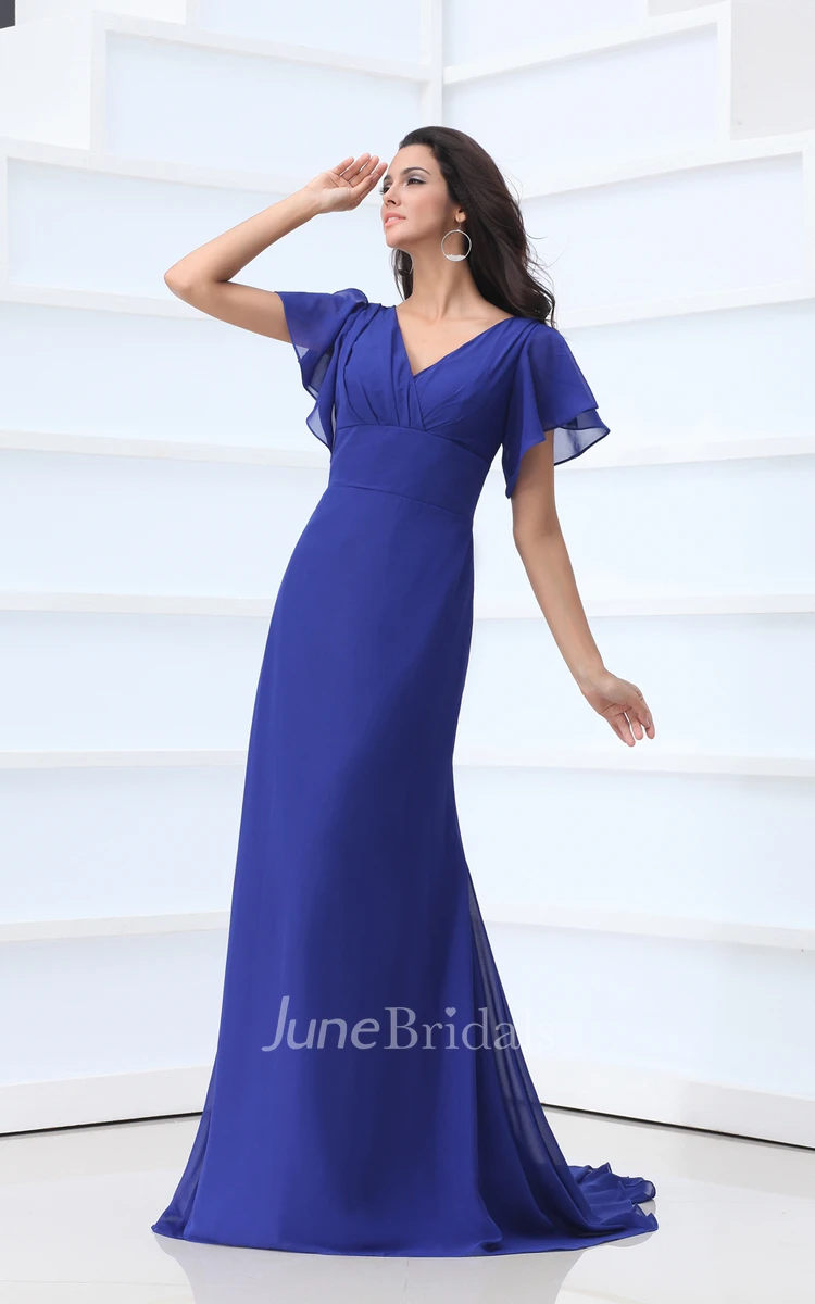 Maxi Ethereal Chiffon Pleated V-Neck Dress With Bell-Sleeve