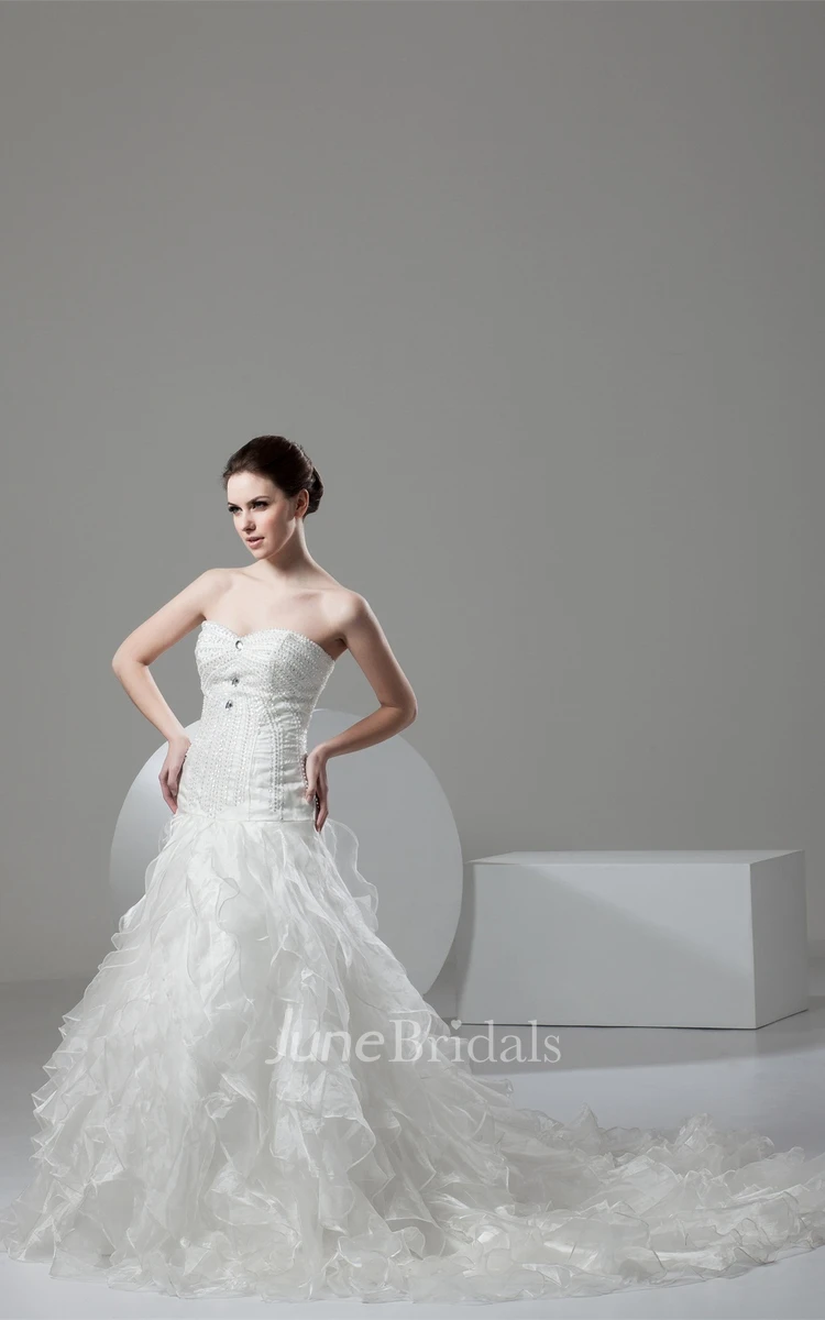 Strapless Beaded A-Line Gown with Ruffles and Chapel Train