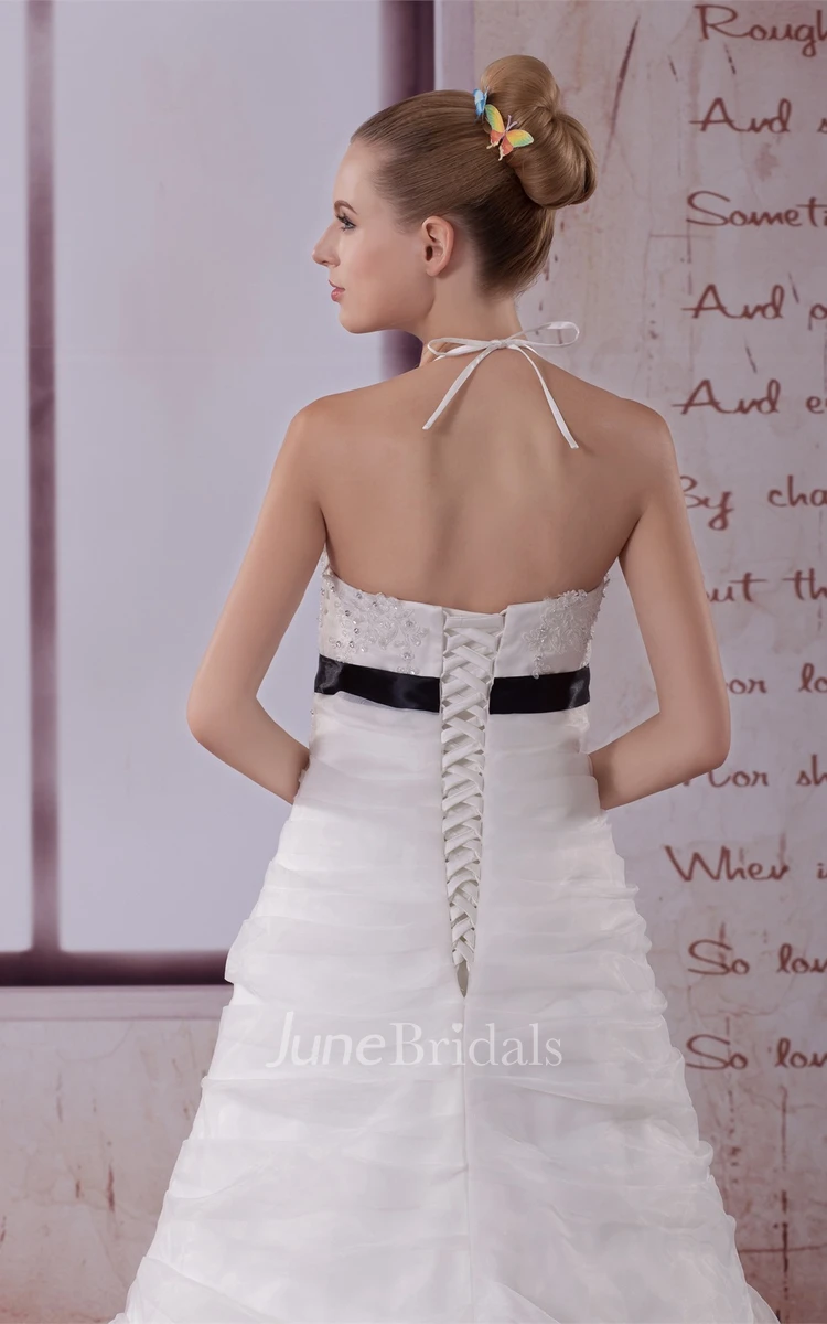 Sleeveless Ruched Ball Gown with Halter and Appliques