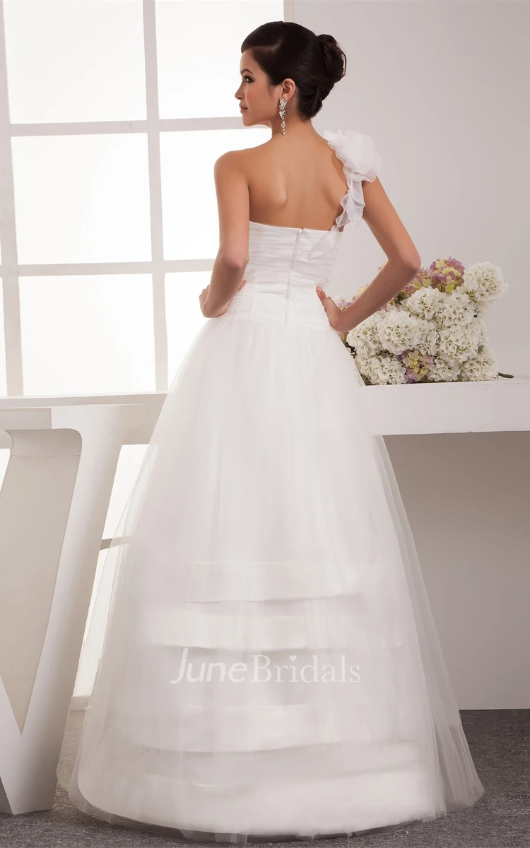 One-Shoulder Tulle A-Line Dress with Ruching and Single Strap
