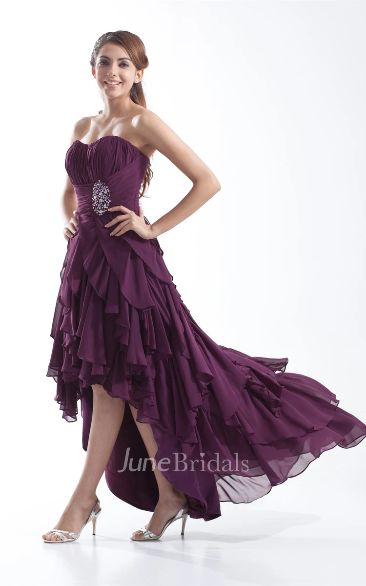 chiffon ruched high-low dress with cascading ruffles and beading