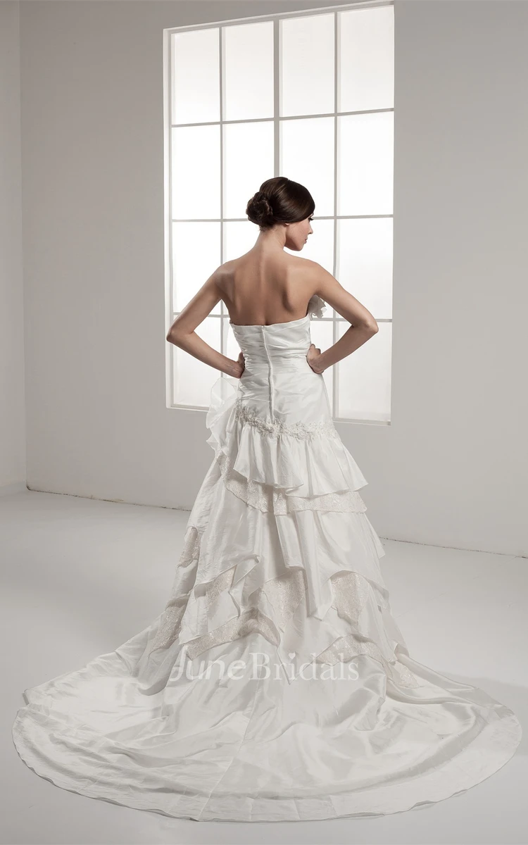 Strapless Ruched A-Line Dress with Lace and Cascading Ruffles