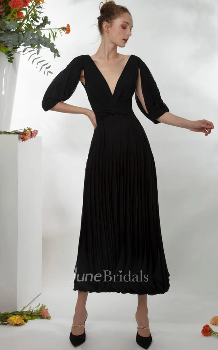 Elegant Plunging Neckline Half Sleeve Ankle-length A Line Prom Dress With Pleats