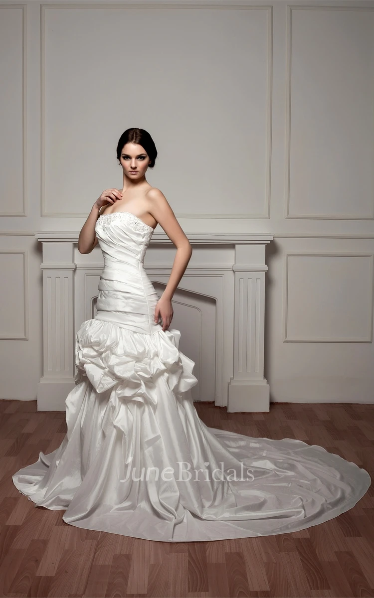 Strapless Ruched Pick-Up Gown with Pleats and Beading