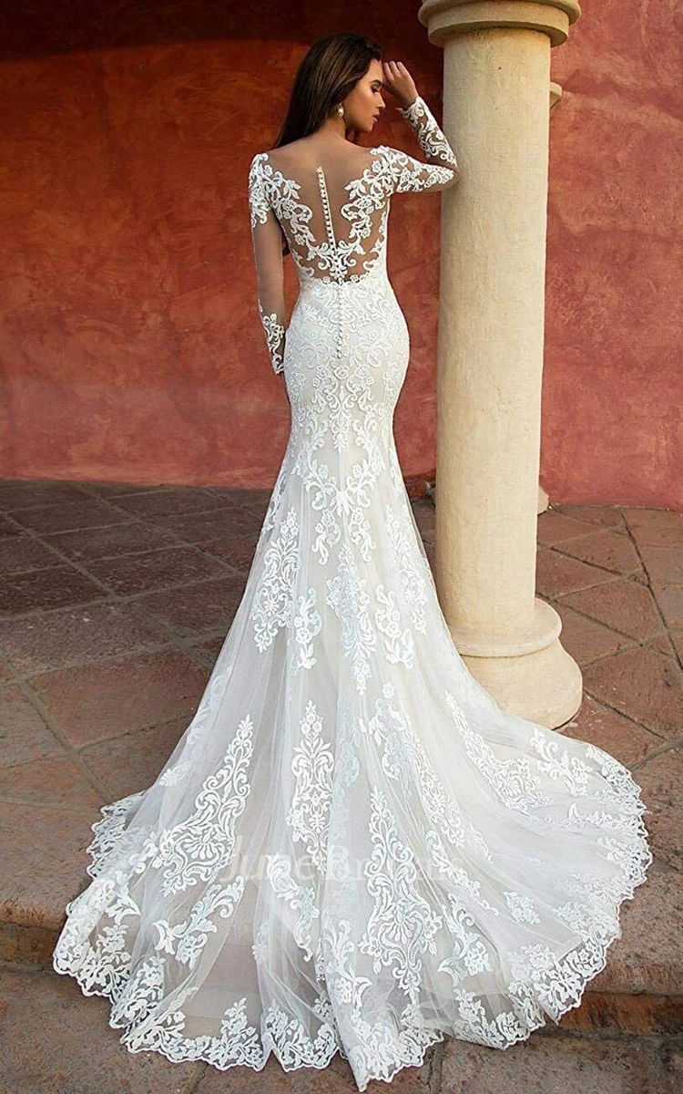2024 Elegant Sexy Mermaid Long Sleeve Boho Lace Wedding Dress Romantic Beach Bateau Neck Bridal Gown with Sweep Train
