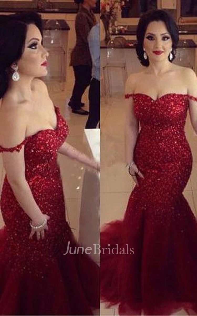 Glamorous Red Sequins Prom Dresses Off-the-shoulder Mermaid Tulle