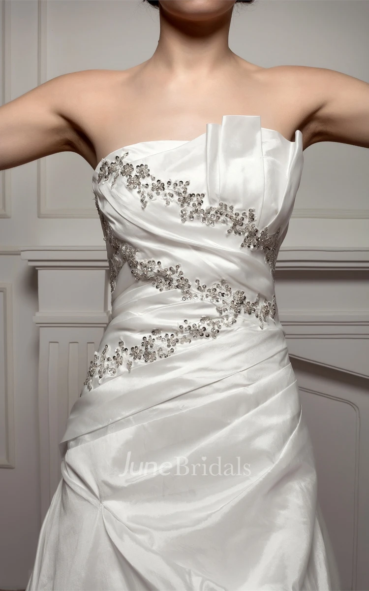 Strapless Taffeta A-Line Dress with Beading and Sweep Train