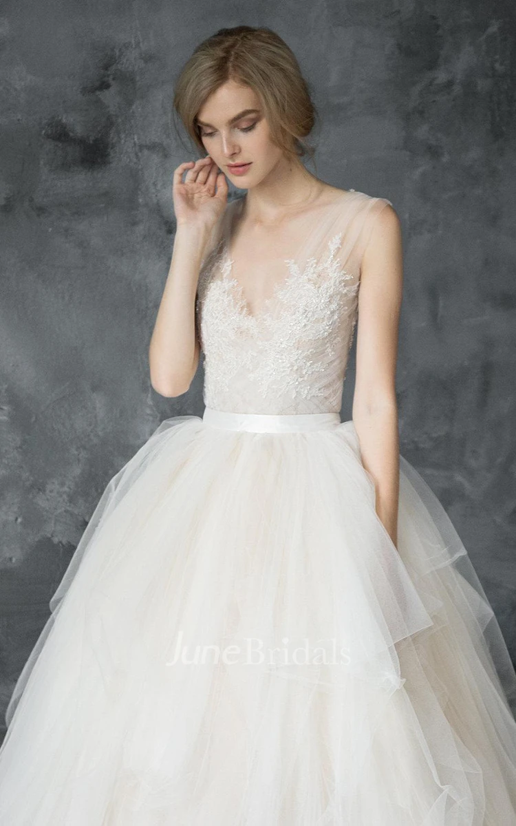 Plunged Sleeveless A-Line Tulle Ball Gown With Lace And Court Train