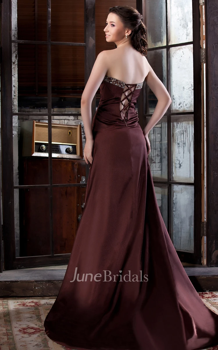 Strapless Satin A-Line Draped Dress With Beading and Leopard Print