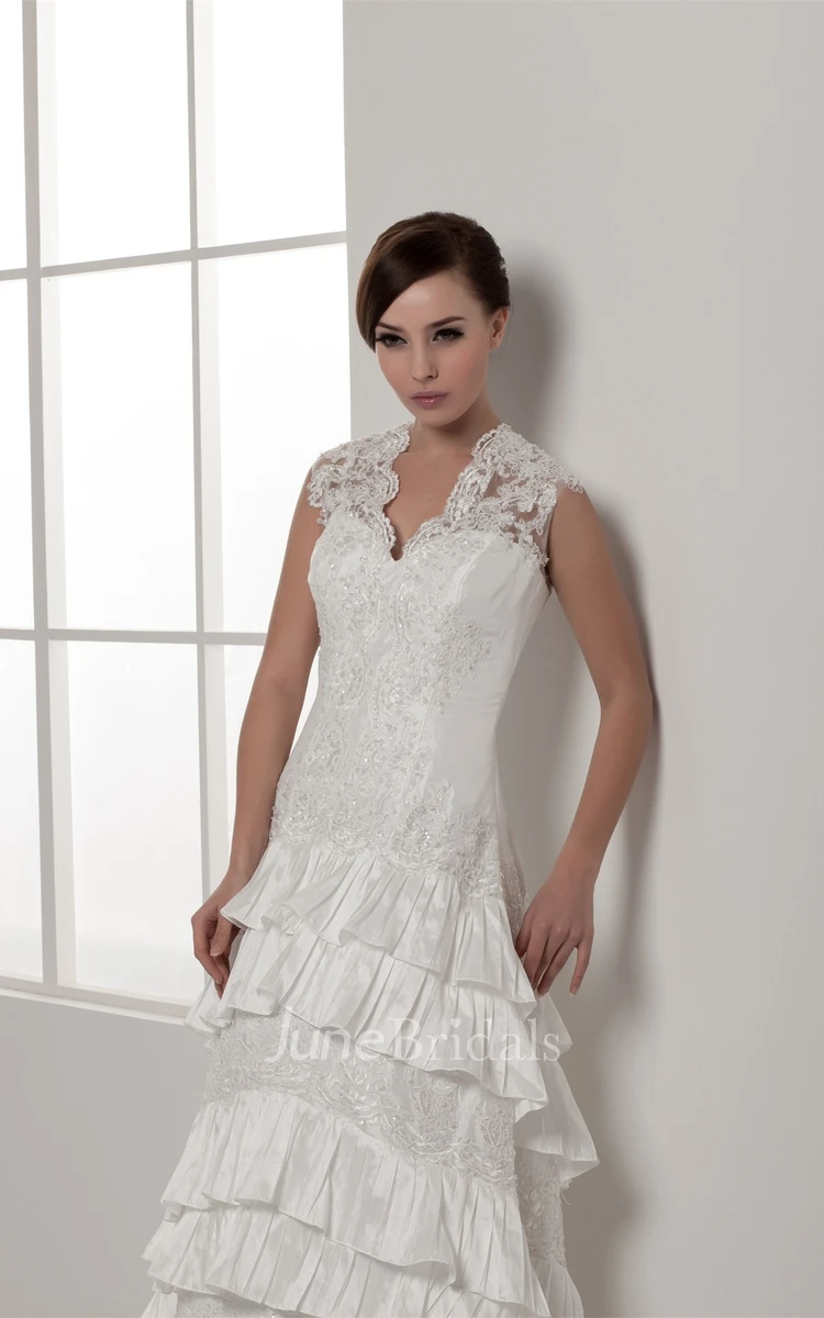 Scalloped-Neck Caped-Sleeve Lace Dress with Beading and Tiers