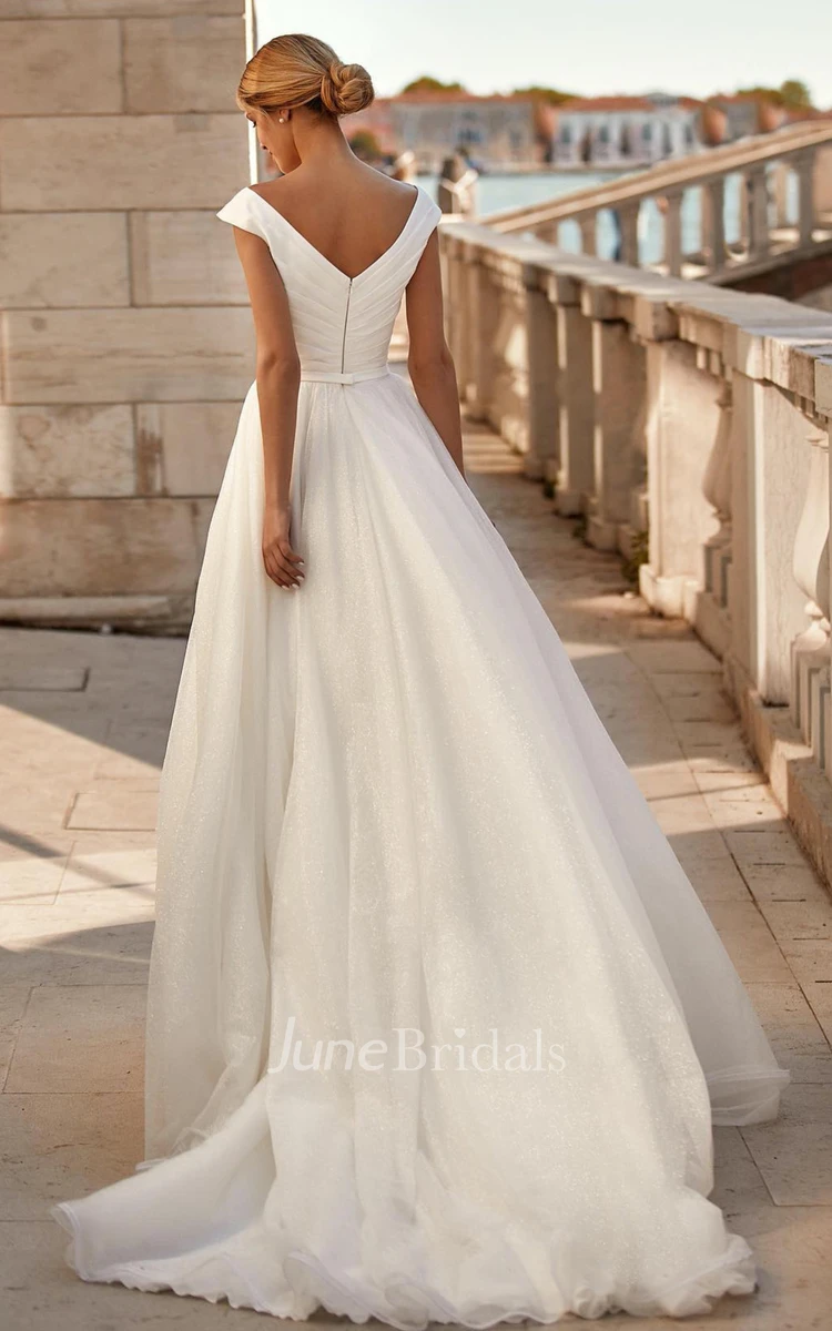Bohemian A-Line V-neck Satin Chiffon Wedding Dress With Low-V Back And Ruching