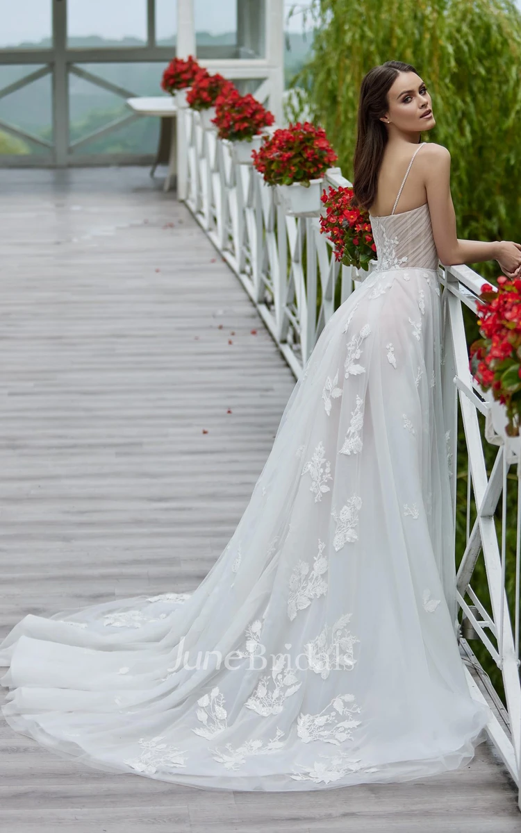 Lace Spaghetti A-Line Garden Wedding Dress With Open Back And Appliques