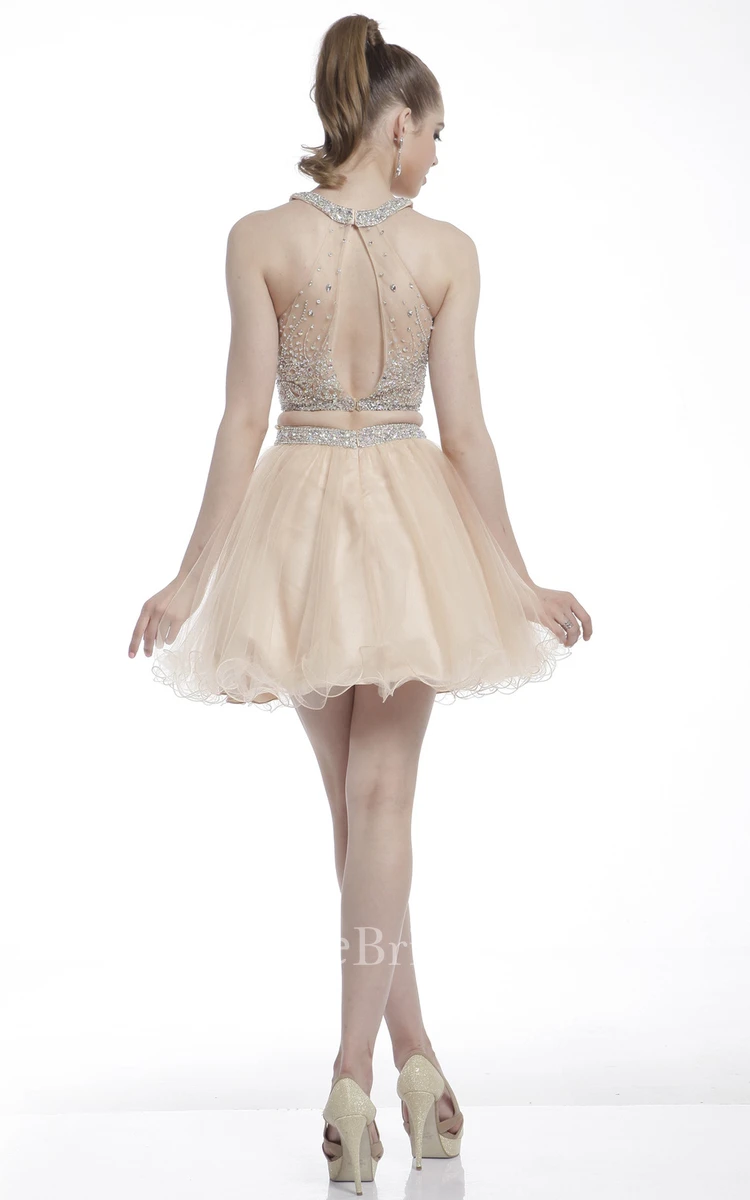 Two-Piece A-Line Short Jewel-Neck Sleeveless Dress With Beading And Ruffles