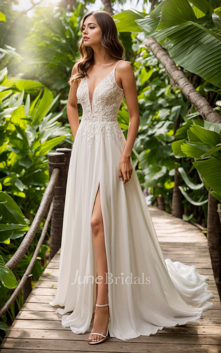 Elegant Garden A-Line Plunging V-Neck Floor-length Spaghetti Chiffon Lace Wedding Gown Sexy Ethereal Lace Appliques Split Front Sleeveless Backless Bridal Dress with Button