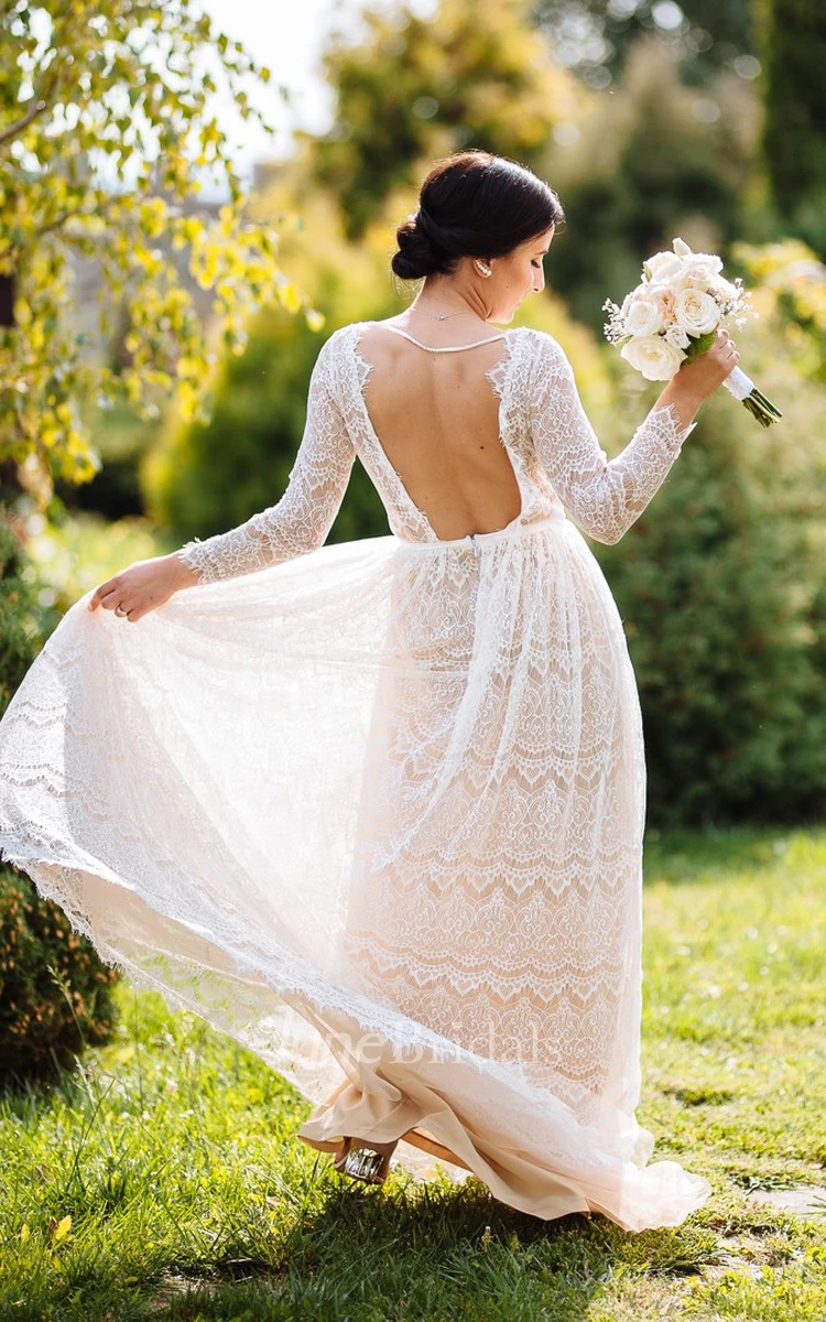 A-Line Lace Vintage Wedding Dress With Bateau Neckline And Long Sleeve