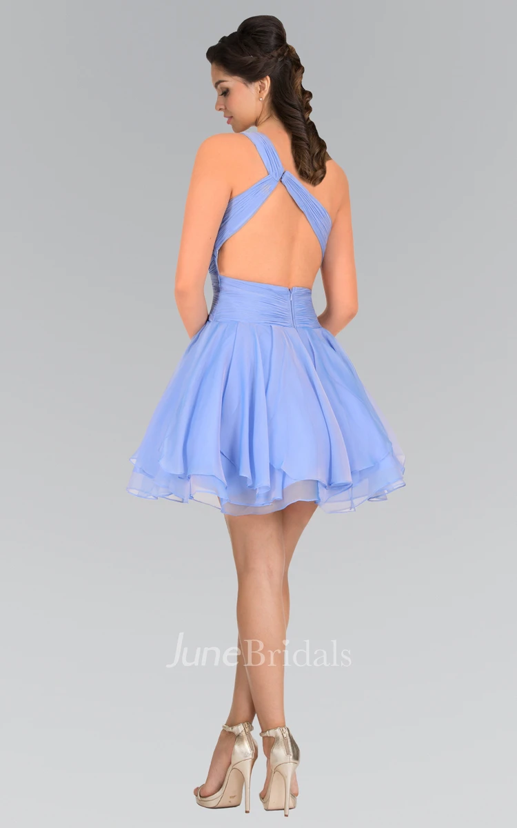 A-Line Short One-Shoulder Sleeveless Chiffon Dress With Beading And Ruching
