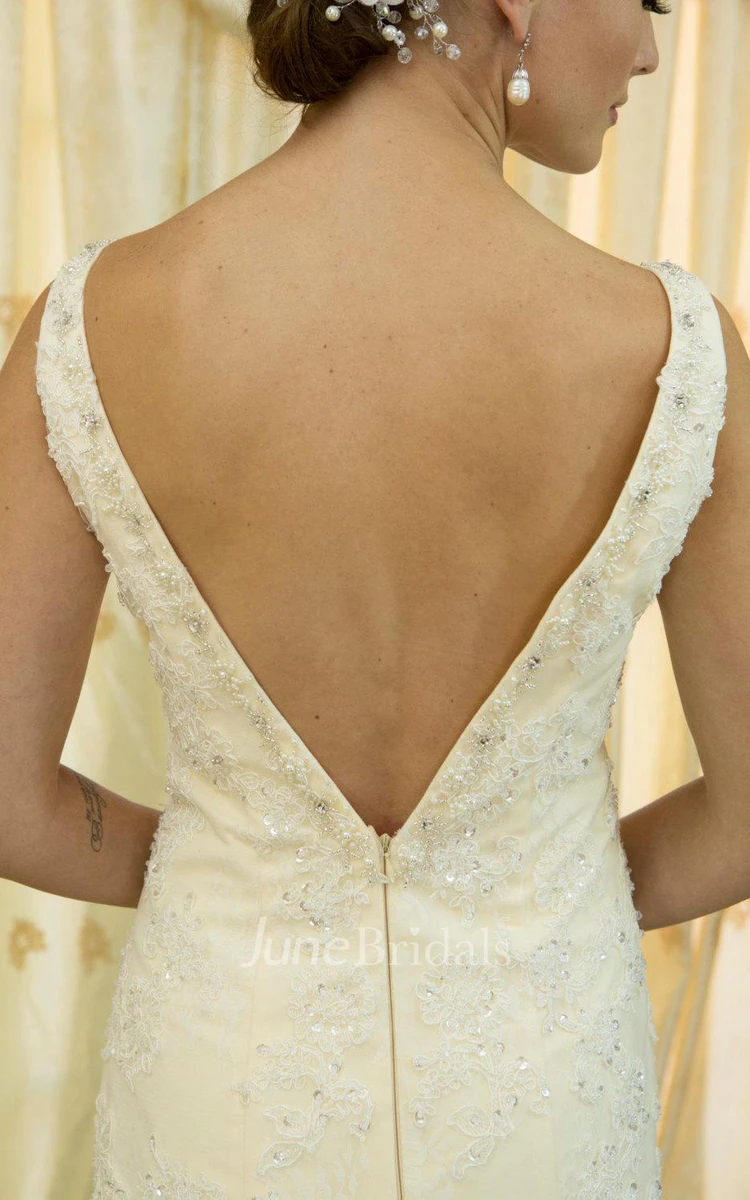 V-Neck Sleeveless Trumpet Wedding Dress With Beading and Deep-V Back