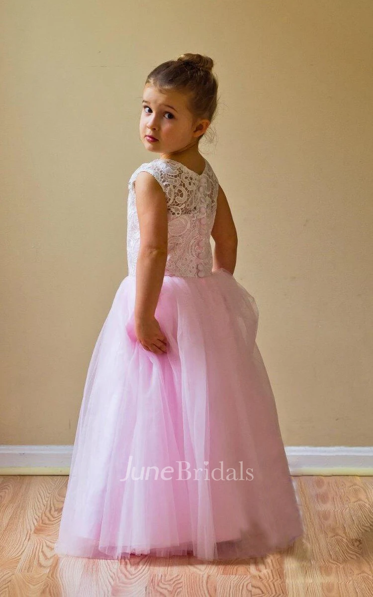 White Lace Pink Flower Girl With Long Tulle Skirt Dress