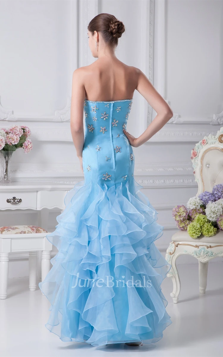 Strapless Column Maxi Dress with Rhinestone and Cascading Ruffles