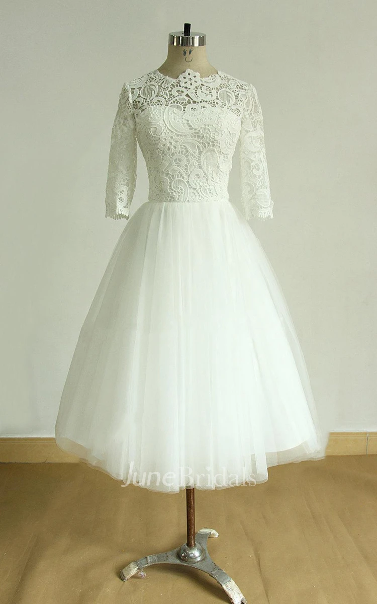 Vintage Tea Length Ivory Tulle Lace Wedding With Mid Sleeves Dress