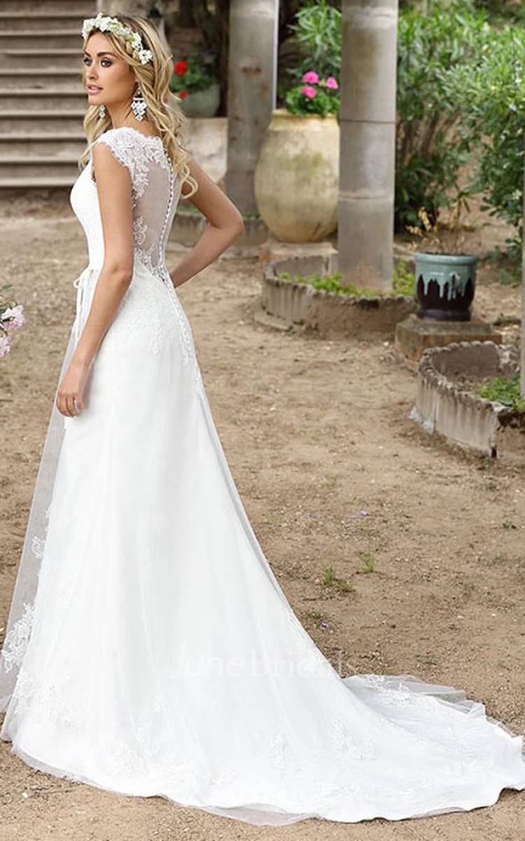 A-Line V-Neck Cap-Sleeve Lace Wedding Dress With Illusion