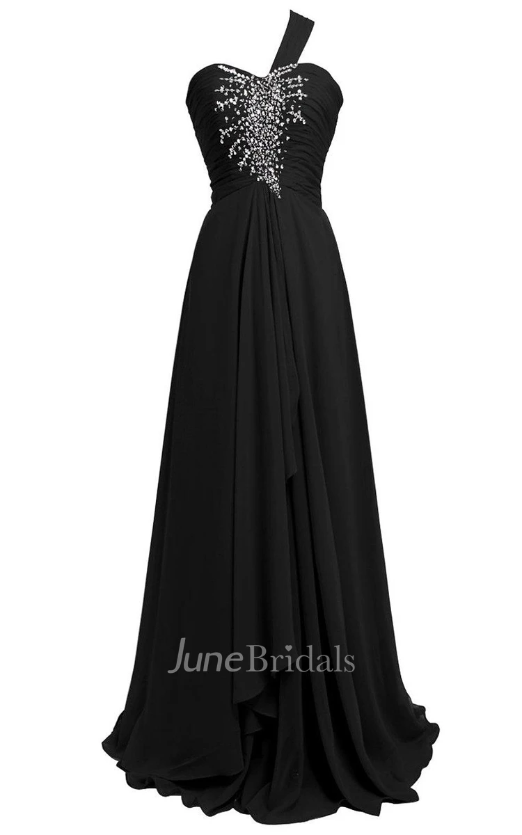 One-shoulder A-line Chiffon Gown With Beadings