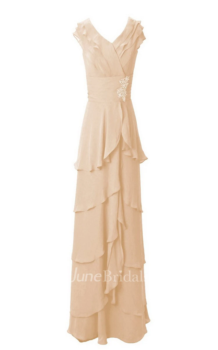 Cap-sleeved Tiered Long Chiffon Dress With Sequins