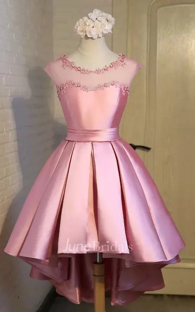 A-line Bateau Cap Short Sleeve High-low Satin Prom Dress with Appliques and Beading