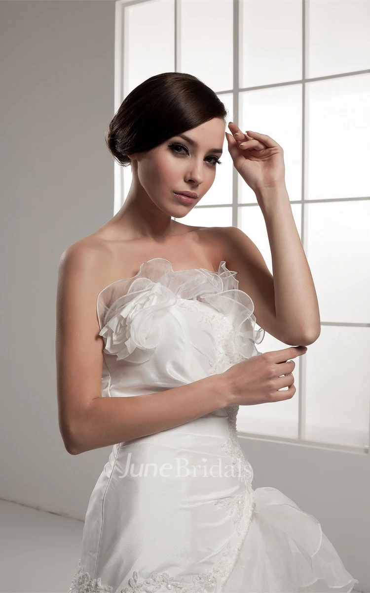 Strapless Ruched A-Line Dress with Lace and Cascading Ruffles