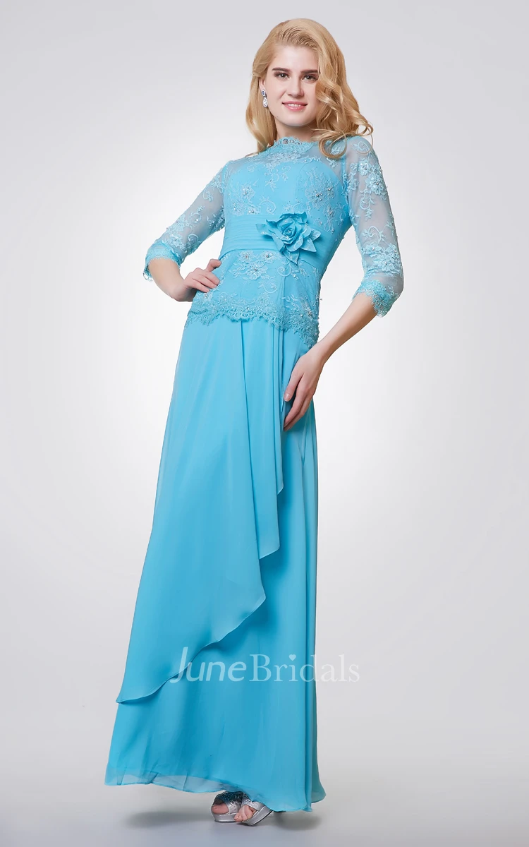 3 4 Length Sleeve Long Chiffon and Lace Dress With Side Draping