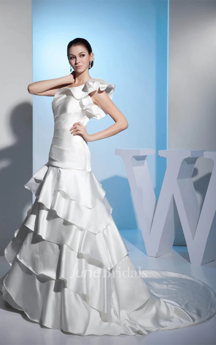 One-Shoulder Ruched A-Line Gown with Tiers and Appliques