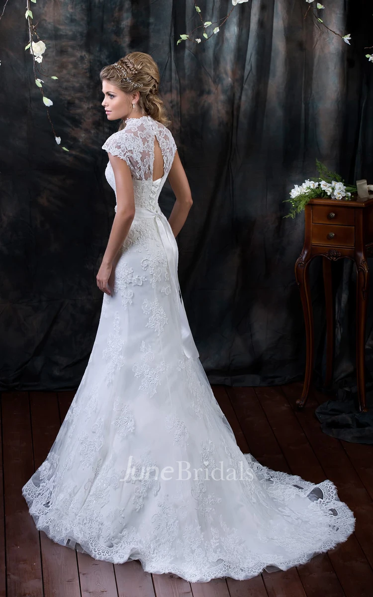 Mermaid Long V-Neck Cap-Sleeve Lace-Up Lace Dress With Appliques And Beading