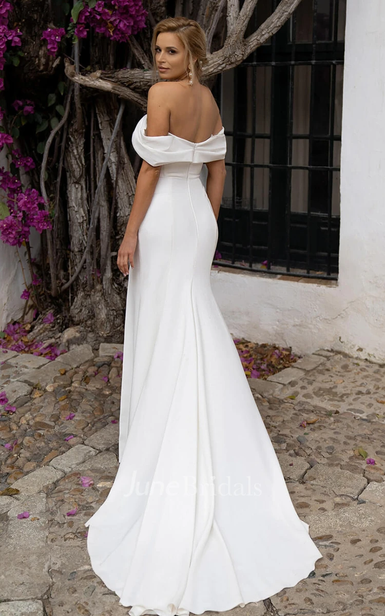 Sheath Off-the-shoulder Satin Wedding Dress With Open And Zipper Back