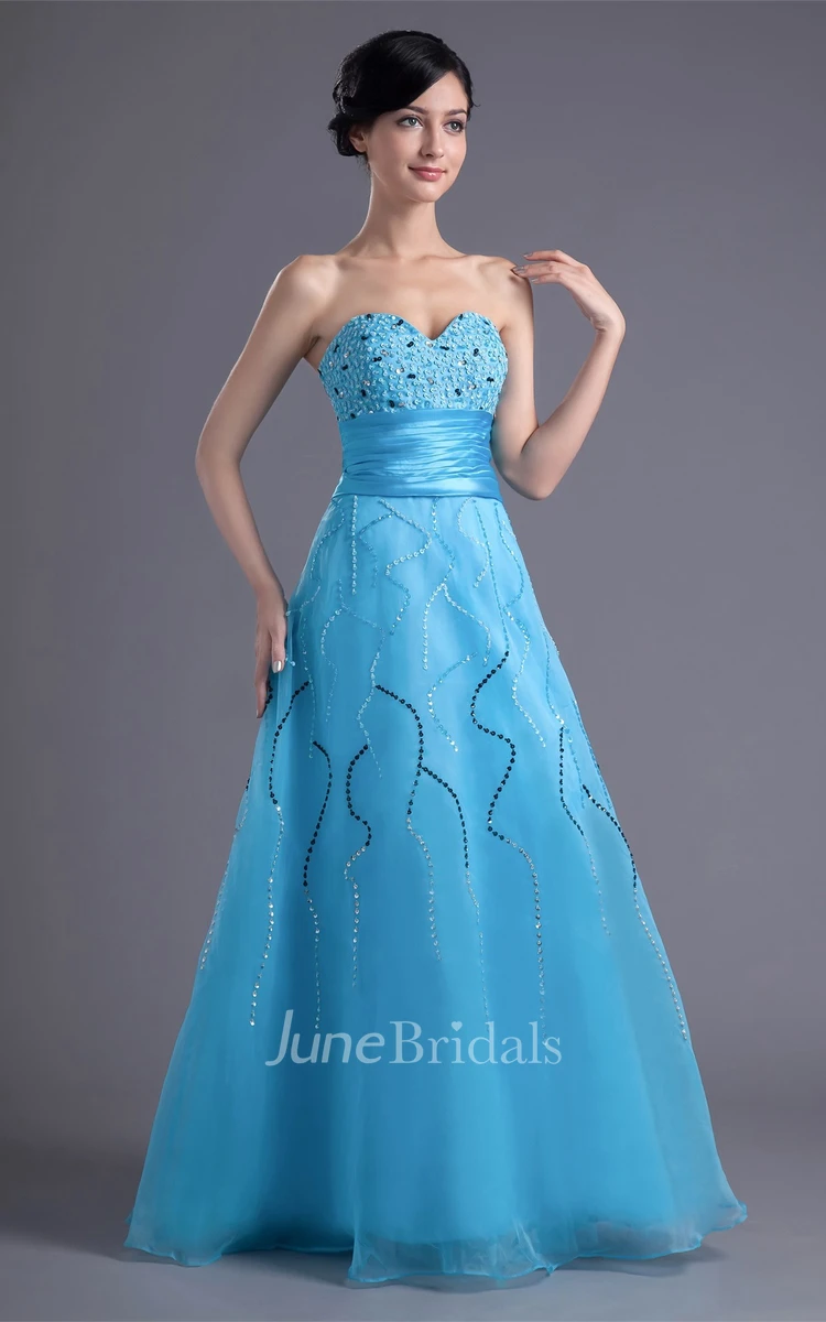 sweetheart floor-length a-line dress with ruched waist and beading
