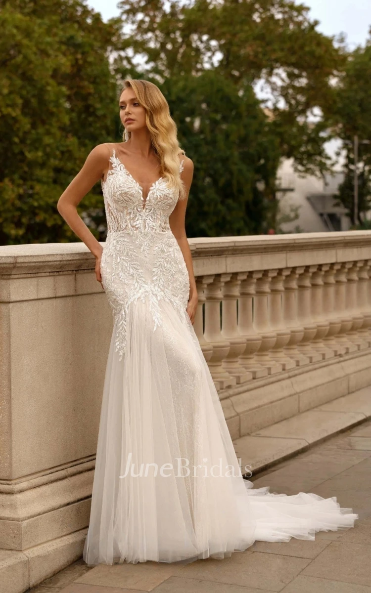 Romantic Lace Mermaid Wedding Dresses with Double Straps