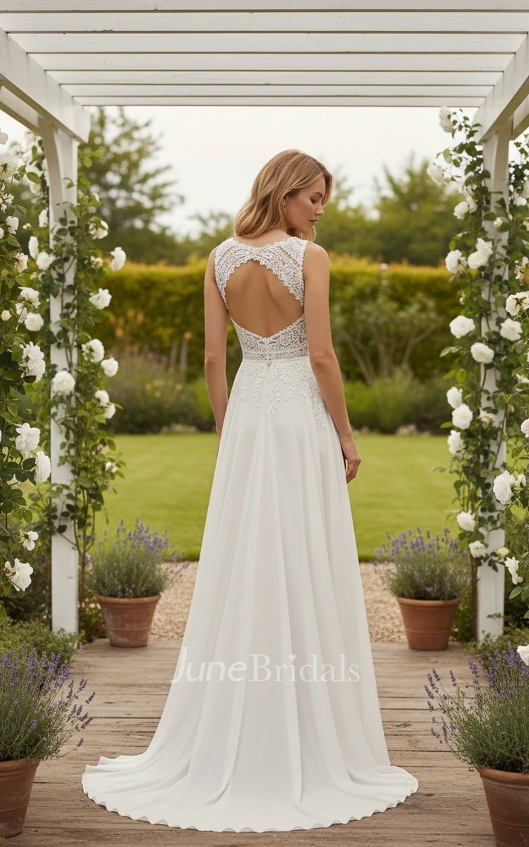 Bohemian Beach A-Line V-neck Flower Lace Sleeveless Floor-length Spring Wedding Dress with Keyhole Back