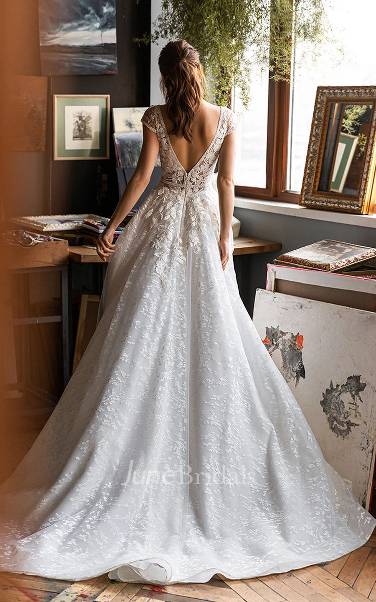 Ethereal A Line Lace V-neck Wedding Dress With Cap Sleeve And Open Back