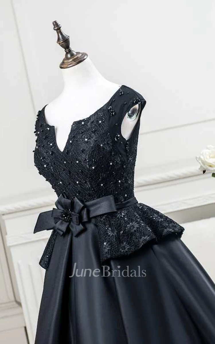 Cap Sleeve Pleated Lace Bodice Satin Tea Length Dress With Flower