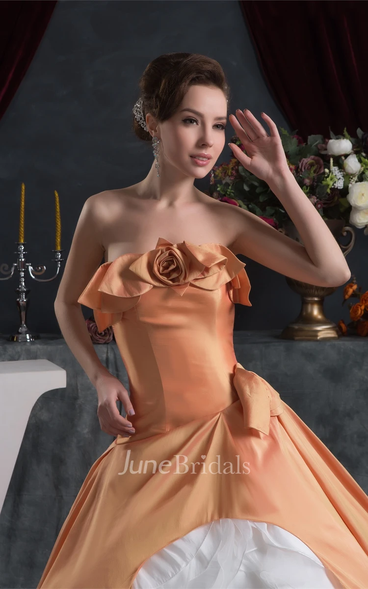 Strapless Ruffled Ball Gown with Flower and Pleats