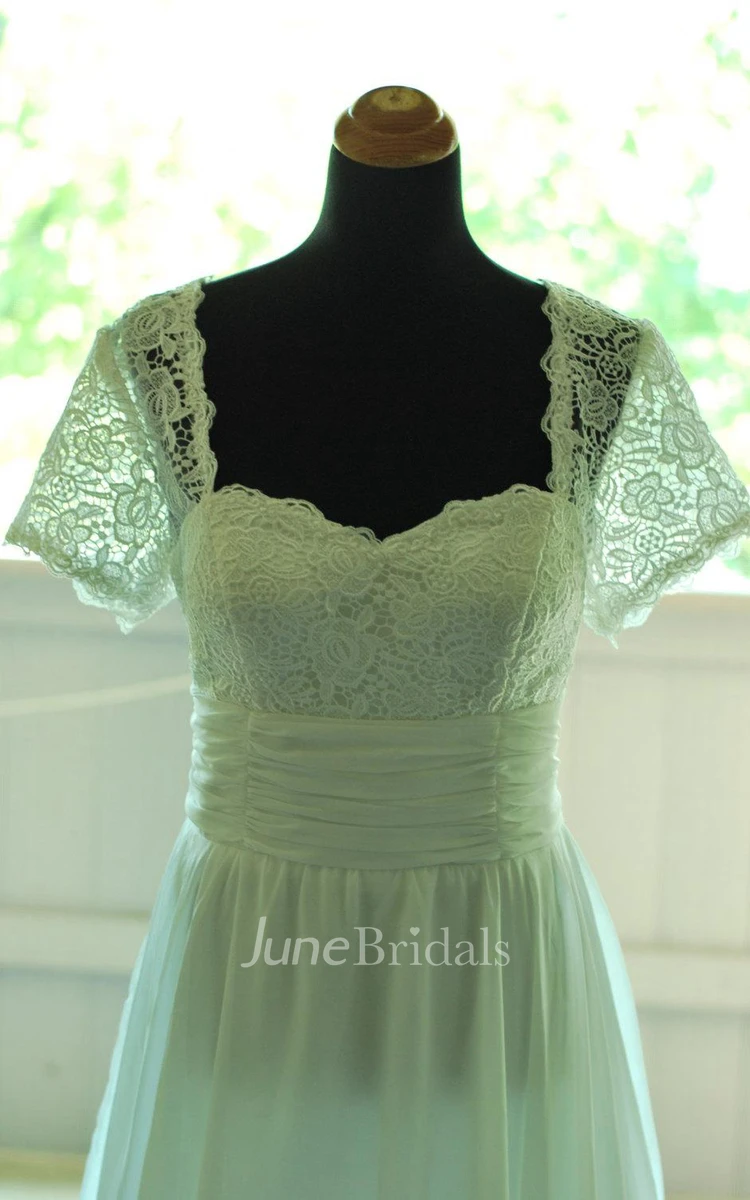 Retro Short Sleeve Floor-Length Chiffon Dress With Lace And Low-V Back